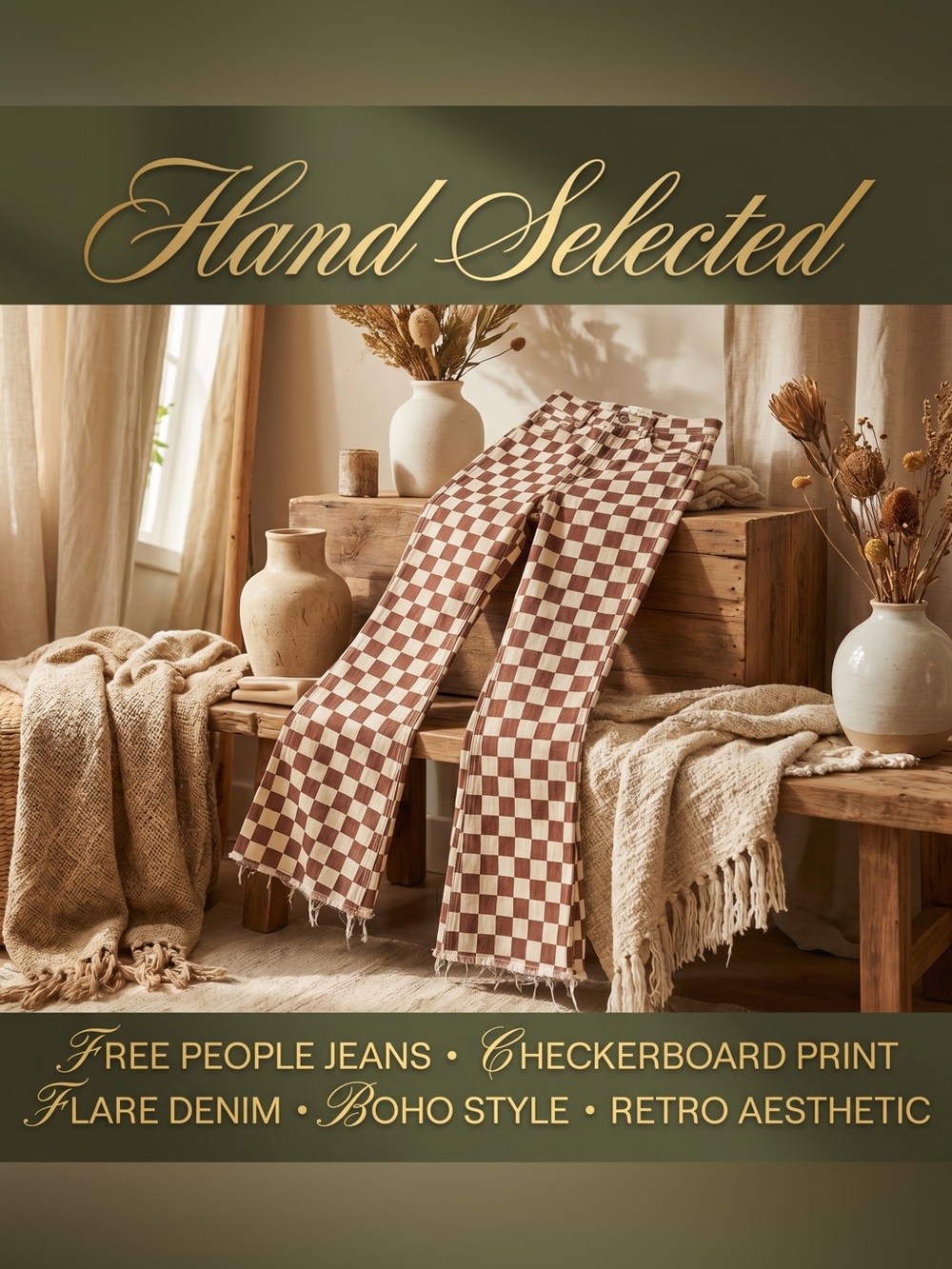 We The Free Free People Brown Checkerboard High Rise Flare Jean Boho Y2K 24